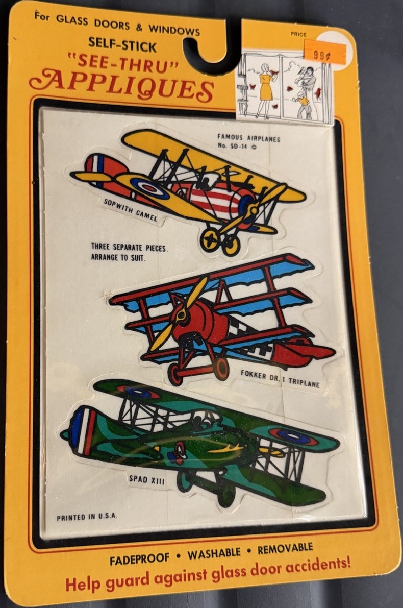 VTG Window Door Decal Sticker Stained Glass Colors See-Thru Appliques Bi-Planes