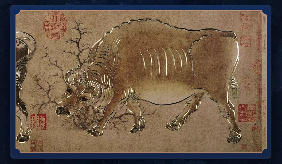 Handmade Bronze Sculpture Painting Five Oxen Chinese Style Decorative Wall Art