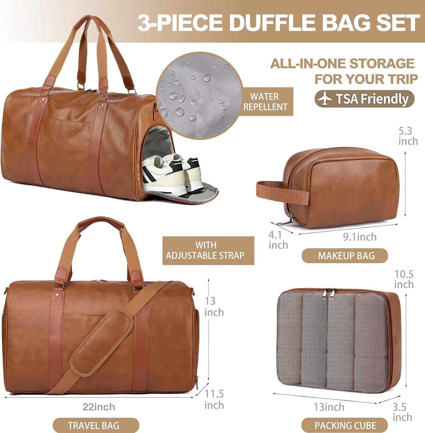 3-in-1 Leather Duffle Bag for Travel with Toiletry Bag and Shoe Compartment, …