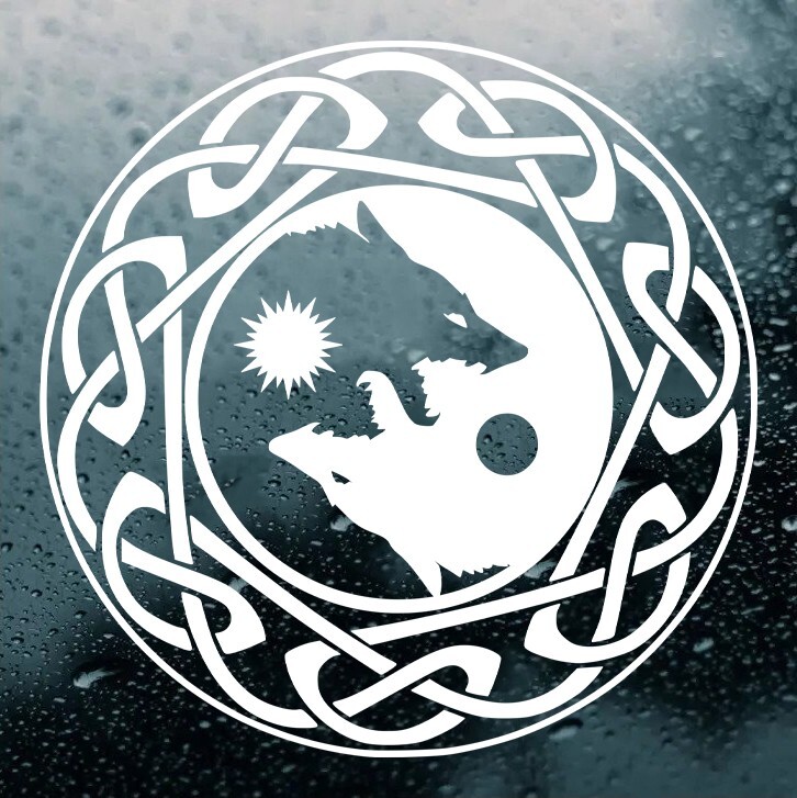 Celtic Knot Circle with Fenrir Skoll Rune Vinyl Decal | Viking Wolf Knotwork