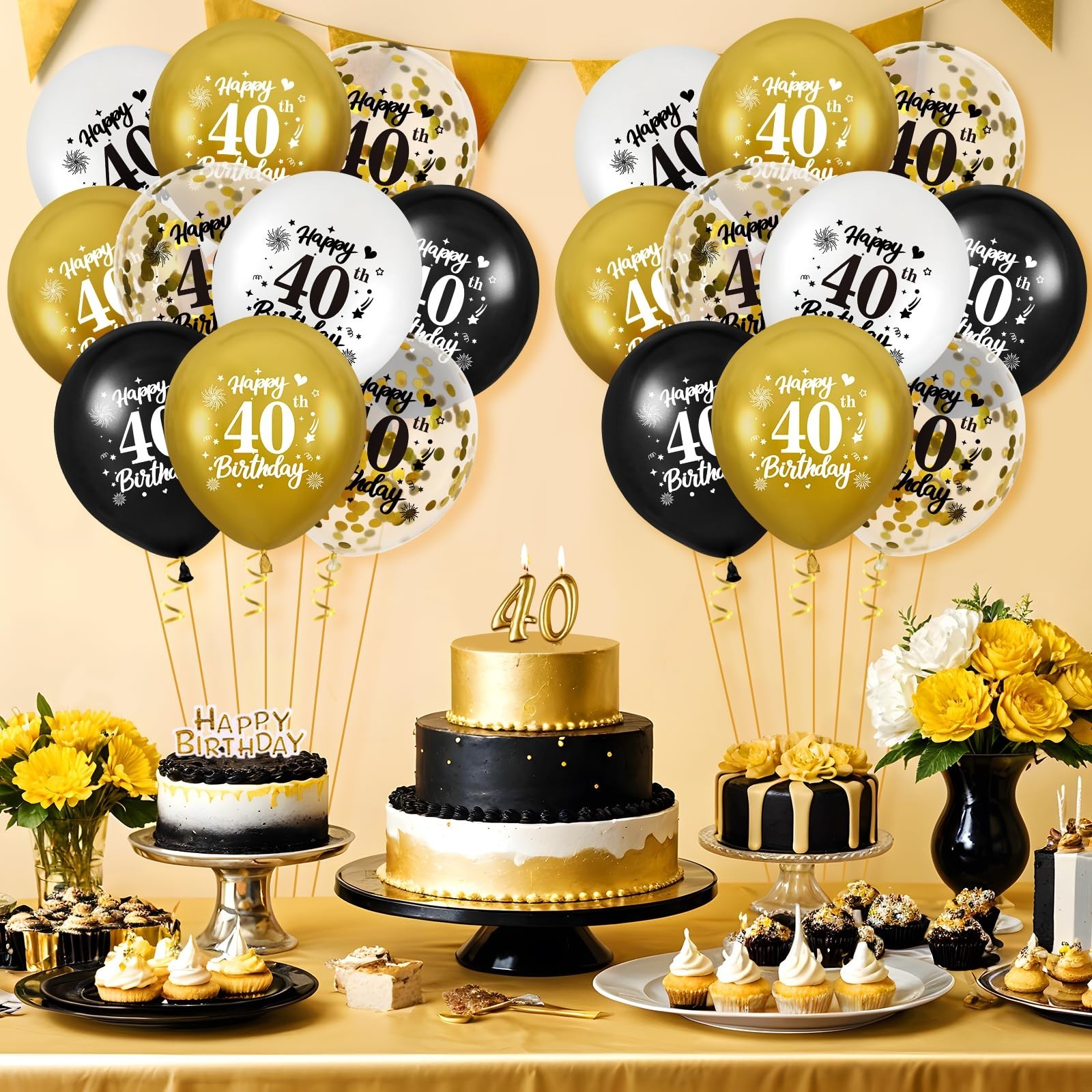 40th Birthday Balloons for Men, 24Pcs Black Gold White Happy 40th Birthday Ba…