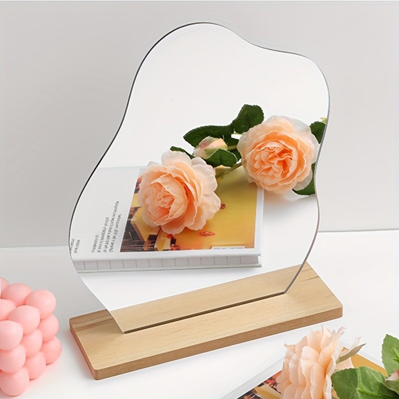 Irregular Decorative Tabletop Vanity Mirror with Wooden Base Bedroom Decor