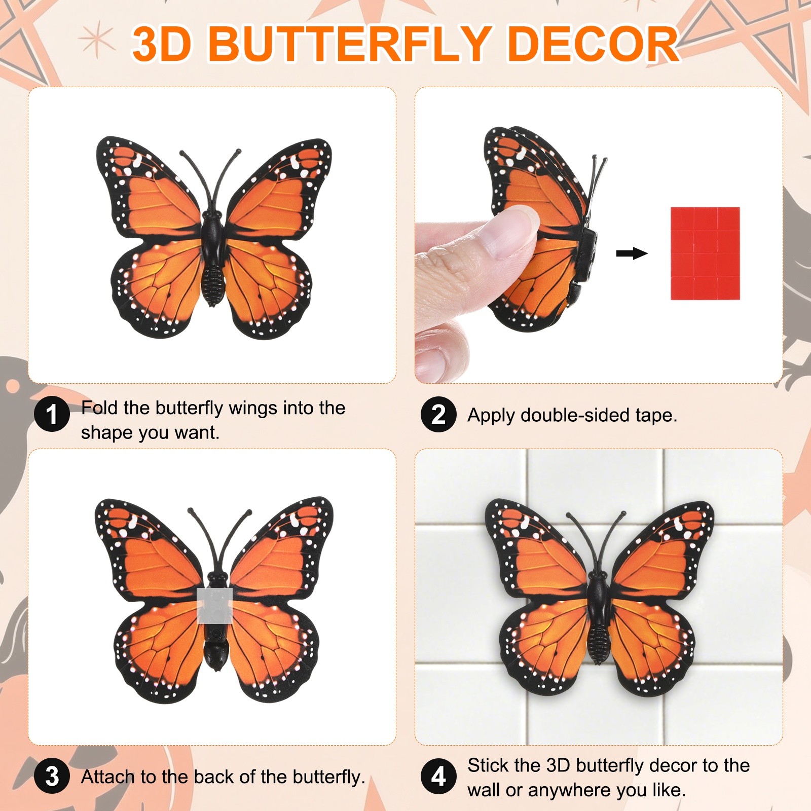 12 Pack Monarch Butterfly Decorations, 3D Wall Decor [Orange, 2.36"x1.97"]