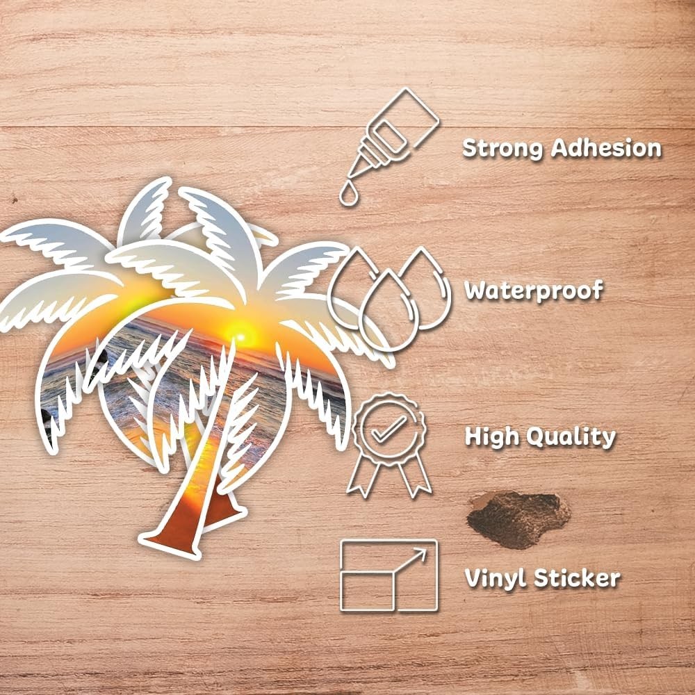 Tropical Palm Tree Beach Sunset Bumper Sticker 5 H" x 4.35 W" MacBook Car Decal