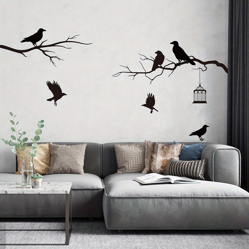 1pc Raven Tree Wall Decal Bird Standing on the Treetop Wall Stickers Birdcage