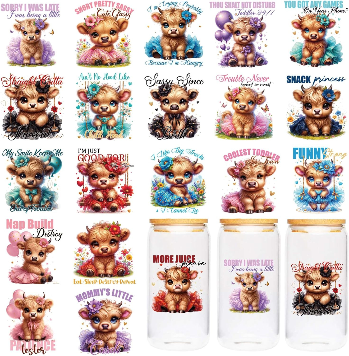 Highland Cow UV DTF Cup Wraps – 20 Sheet Cute Highland Cow UV DTF Transfer Stick