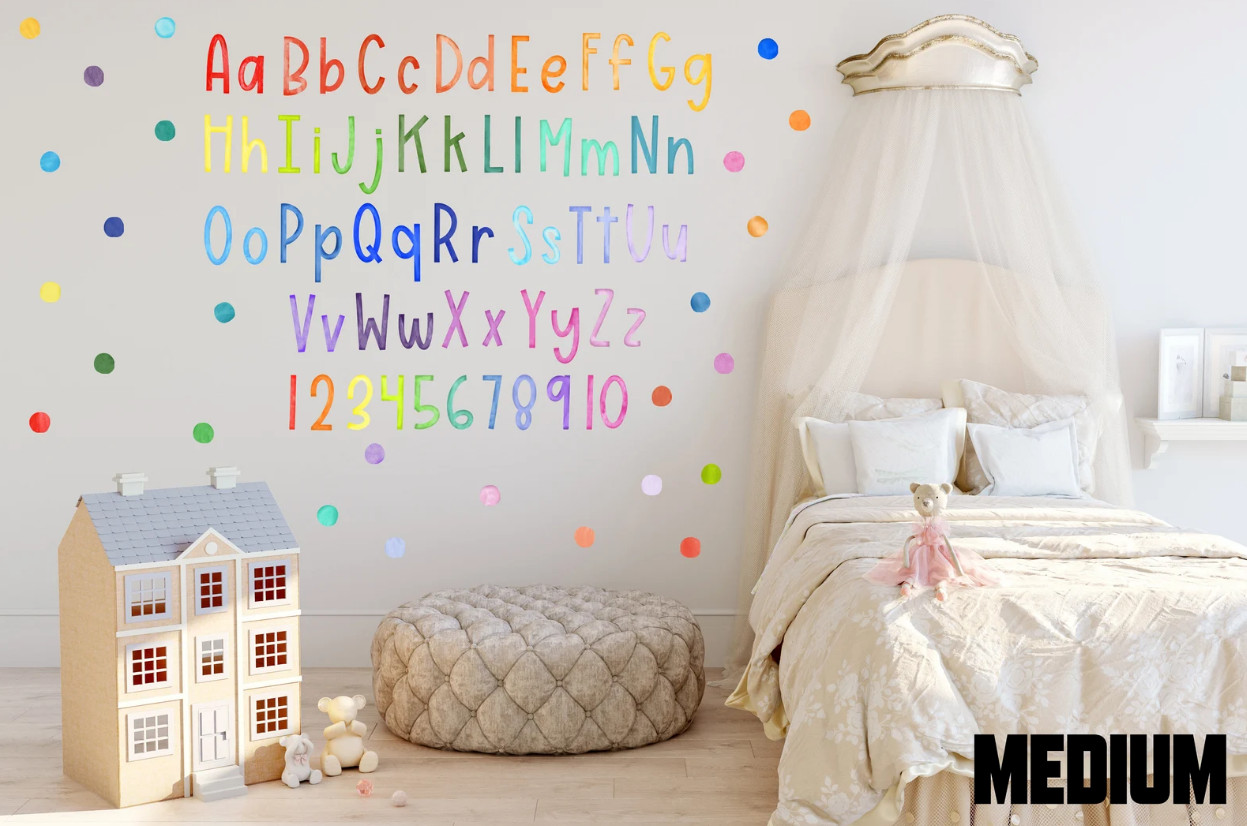 Watercolor Rainbow Alphabet Wall Decal Set Upper Case Lower Case Numbers Rainbow