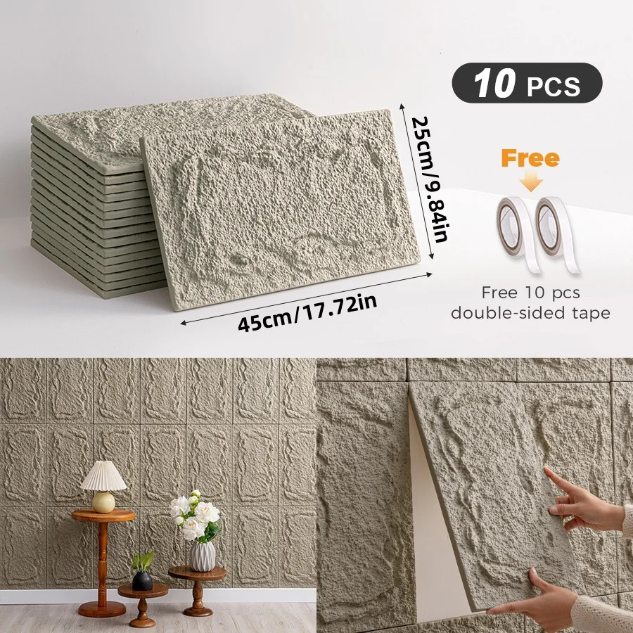10Pcs 3D Self-Adhesive Stone Wall Panels 10Mm Thickness PU Wall Panels Wall Deco
