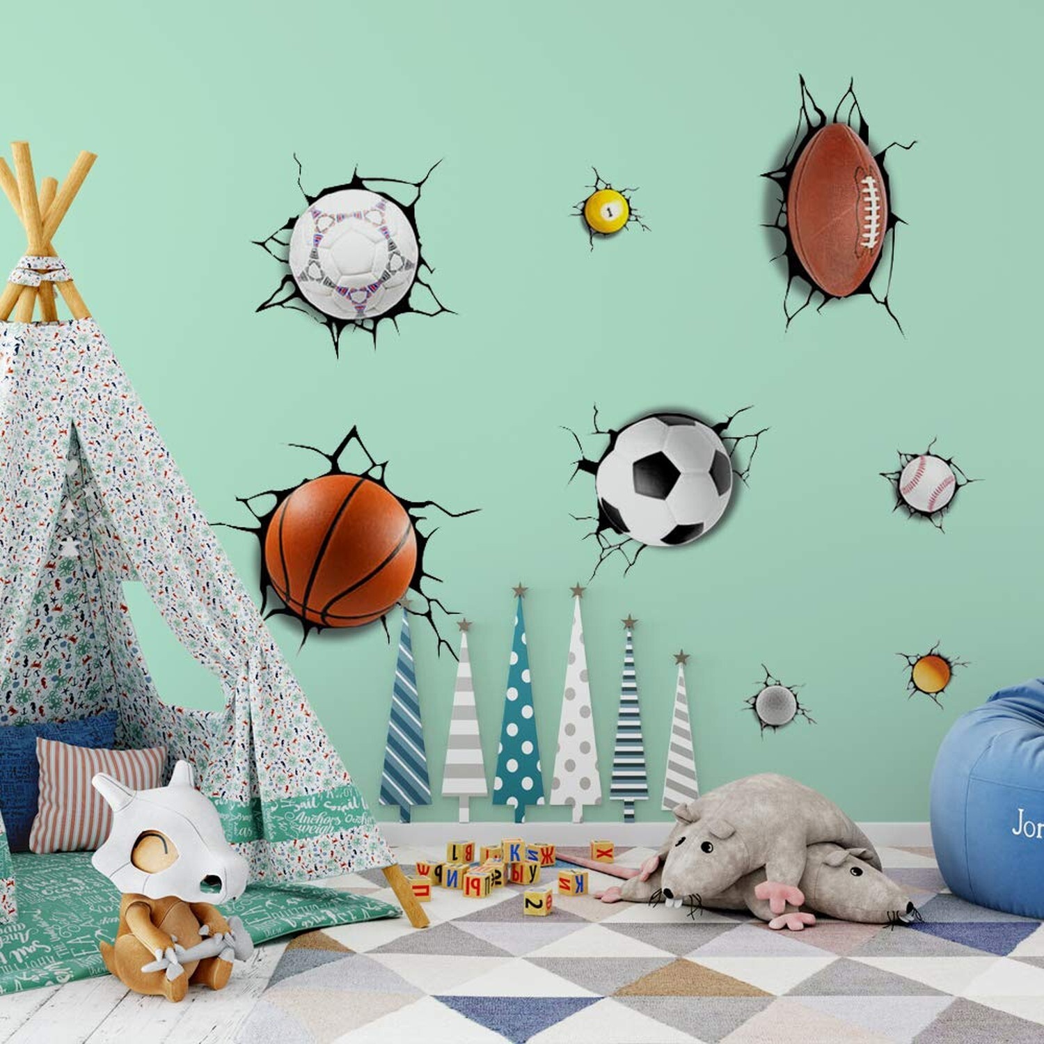 Supzone Sport Balls Wall Decals 3D Wall Stickers Break Through The Wall Remov…
