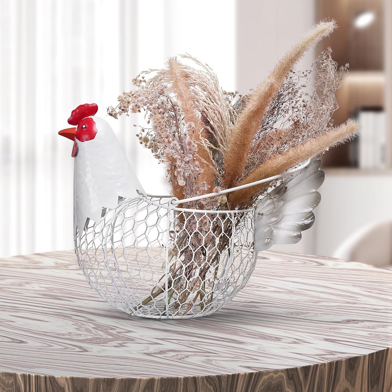 Farmhouse Rustic White Chicken Wire Metal Egg Basket with Handle,Vintage Rooster