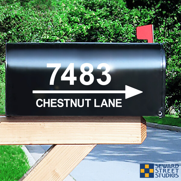Reflective Mailbox Address Decal, Custom Arrow Street Name 4"h x 10"w – #1338R