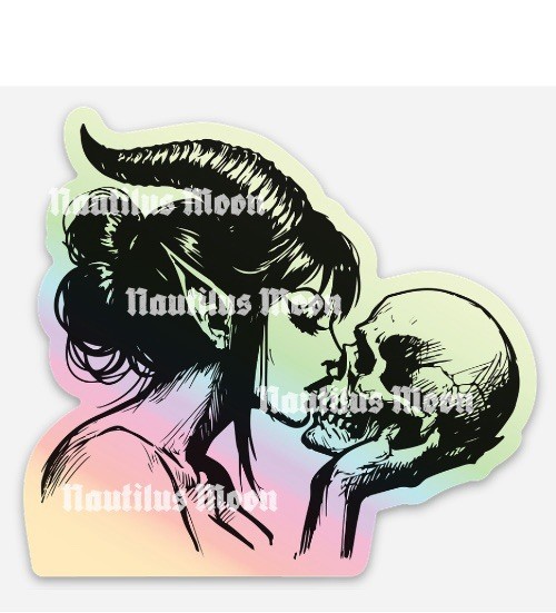Goth Witch / Elf Kissing Skull holographic Die-Cut 3" wide – Free Shipping