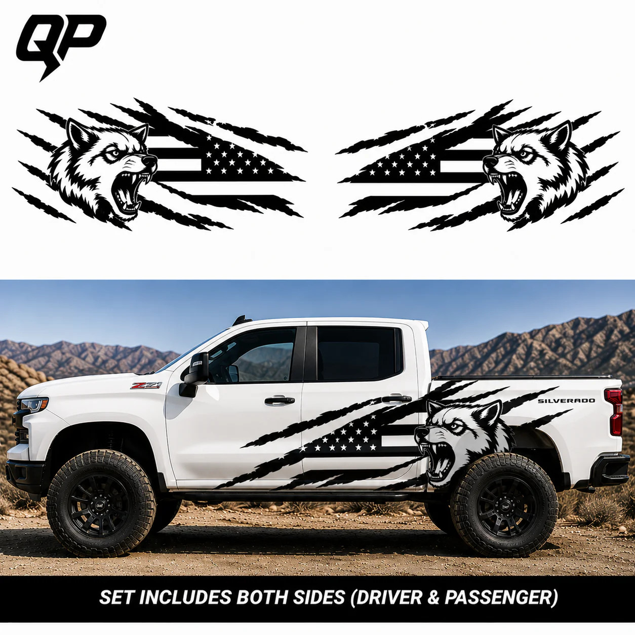 Wolf American Flag Vinyl Decal Set – Chevrolet Silverado | Side Graphic