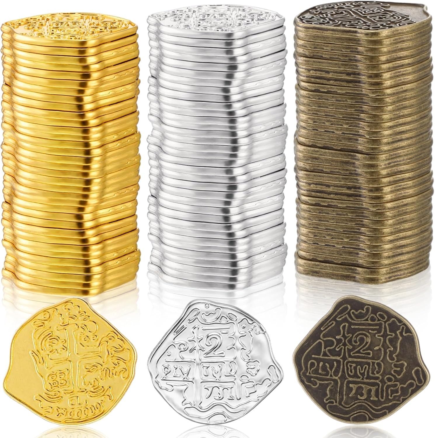 Hanaive 50 Pcs Metal Pirate Coins Spanish Doubloon Gold, Silver, Bronze