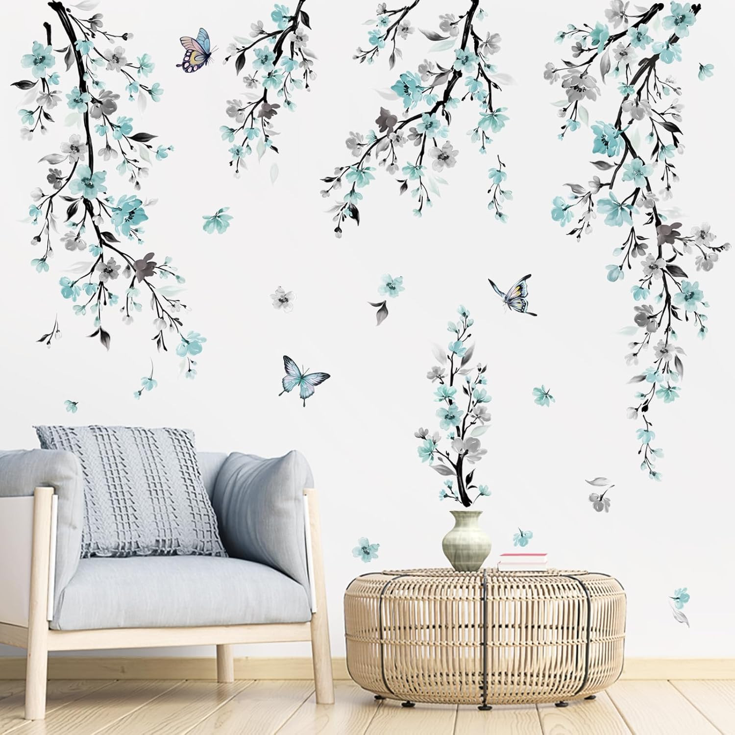 Watercolor Flower Vine Wall Stickers Blue Hanging Floral Tree Branch Wall Art De