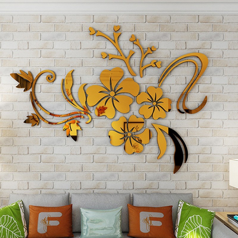 3D Art Mural Acrylic Mirror Wall Sticker Room Decal DIY Flower Leaves Home Decor