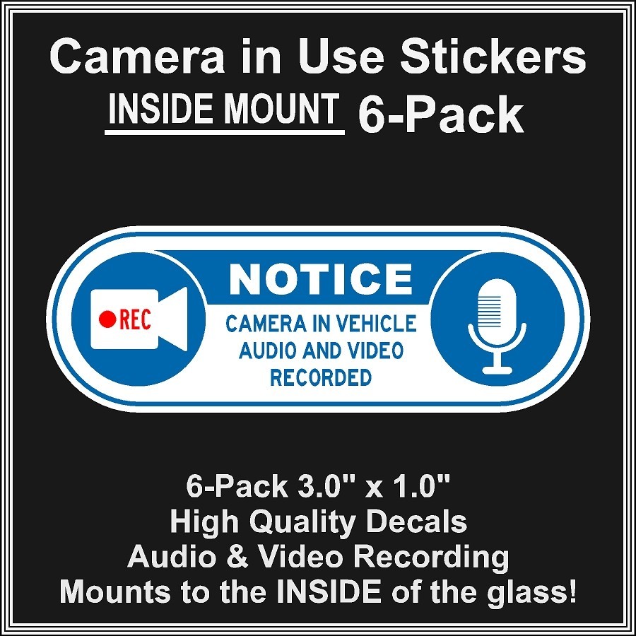 Camera in Car Recording Video 6-Pack INSIDE MOUNT Decals Blue White 3.0" x 1.0"