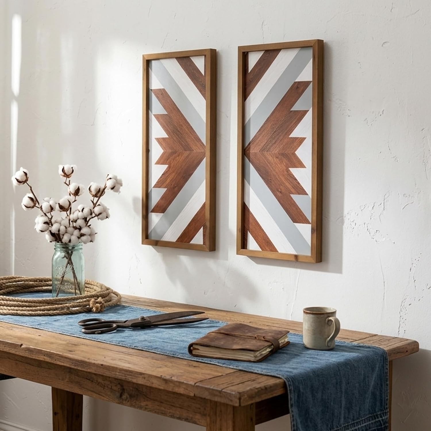 Rustic 2Pcs Aztec Wall Decor – Geometric Vintage Art for Modern Homes