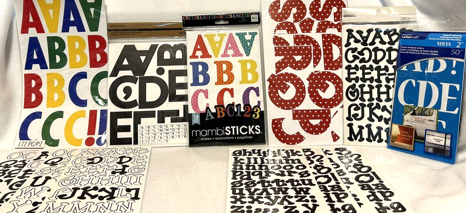 Lot Vinyl Stick On Letters And Numbers Assorted Sizes – Six Packs – See Photos