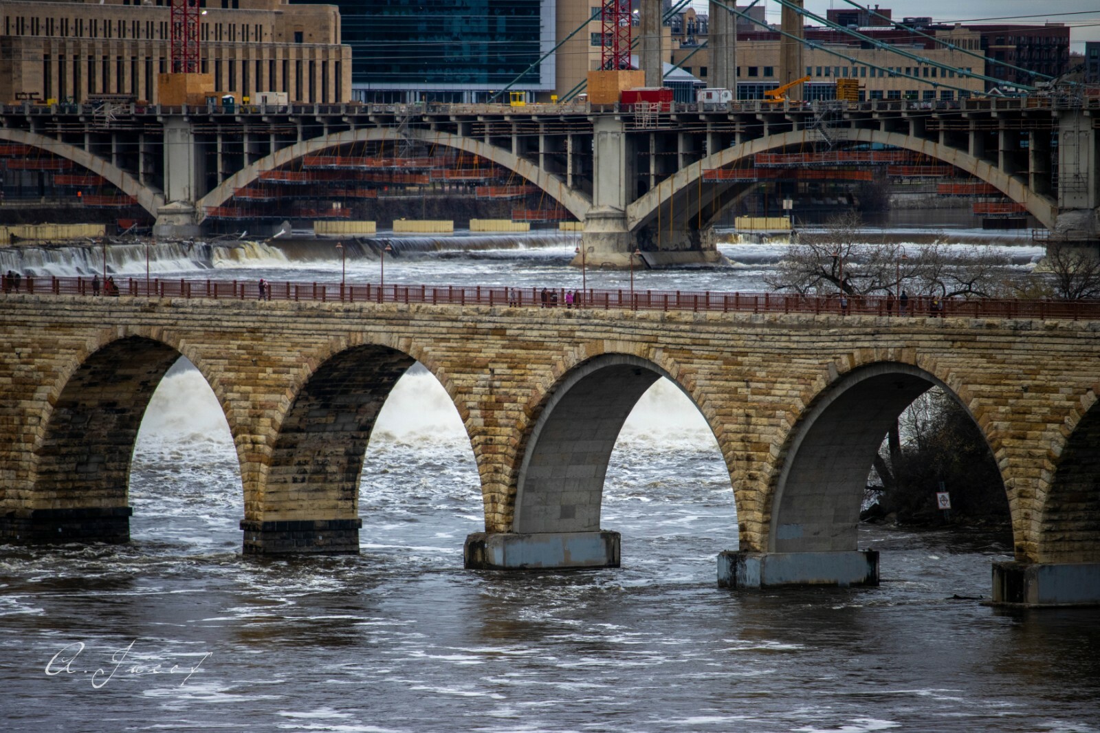 Stone Arches, River,  Cloudy, Architecture Print-16×20