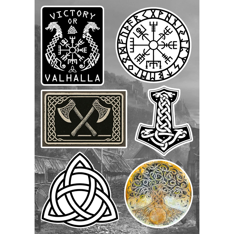 Viking Norse Mythology Stickers Vegvisir Mjolnir Thor Hammer Valhalla Odin Raven