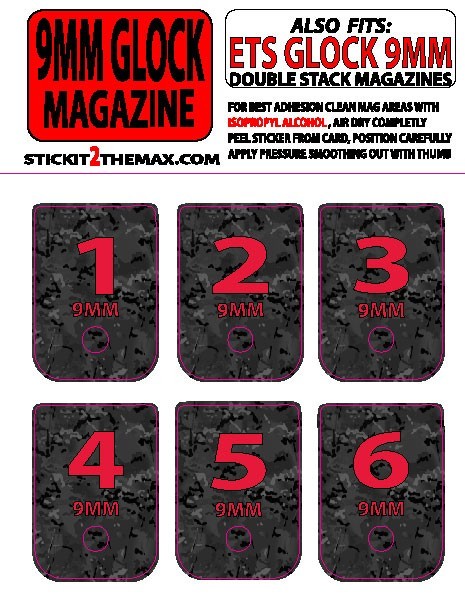 FITS GLOCK 9MM BLACK MULTICAM BACKGROUND RED TEXT NUMBERED 1-6 set of six