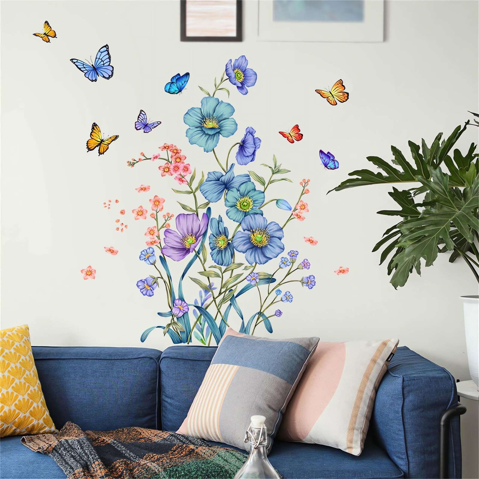 Blue Botanical Flower Butterfly Wall Stickers, sacinora Floral Art Green Plan…