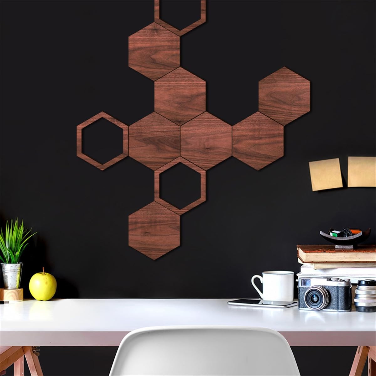 Wooden Hexagon Wall Stickers, 10 PCS Removable Hexagonal Wall Stickers, 3D He…