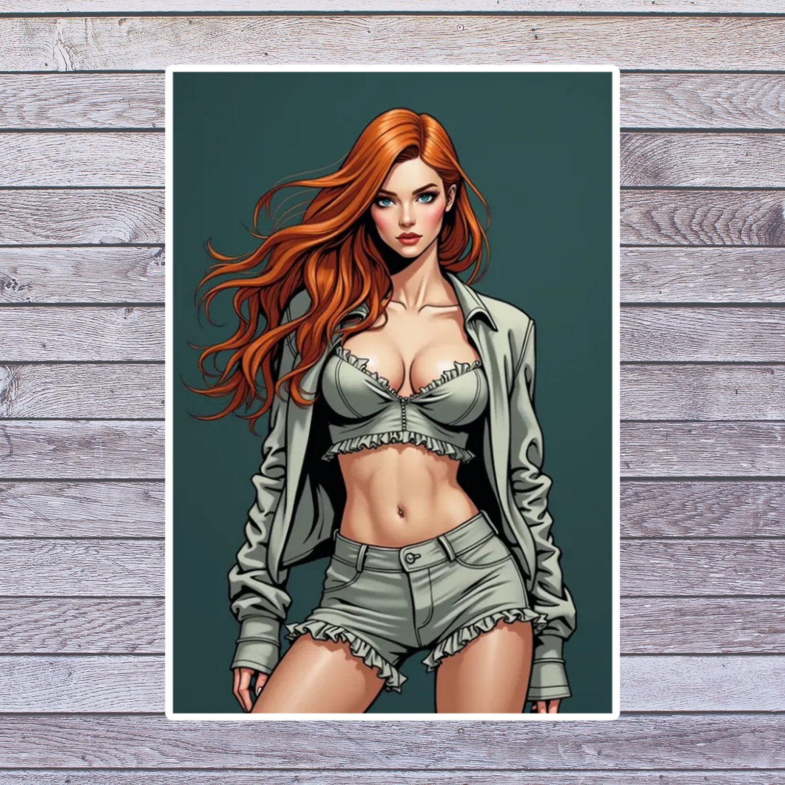Pinup Girl sticker vinyl decal redhead crop top shorts digital illustration art