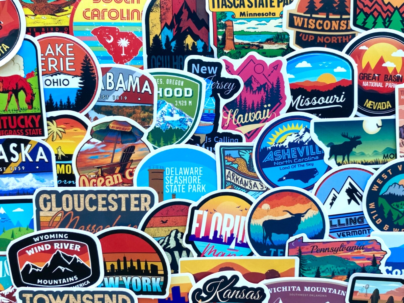 5-50 pcs State Stickers, USA Parks Travel Landmark Car Phone Laptop Vinyl Decals