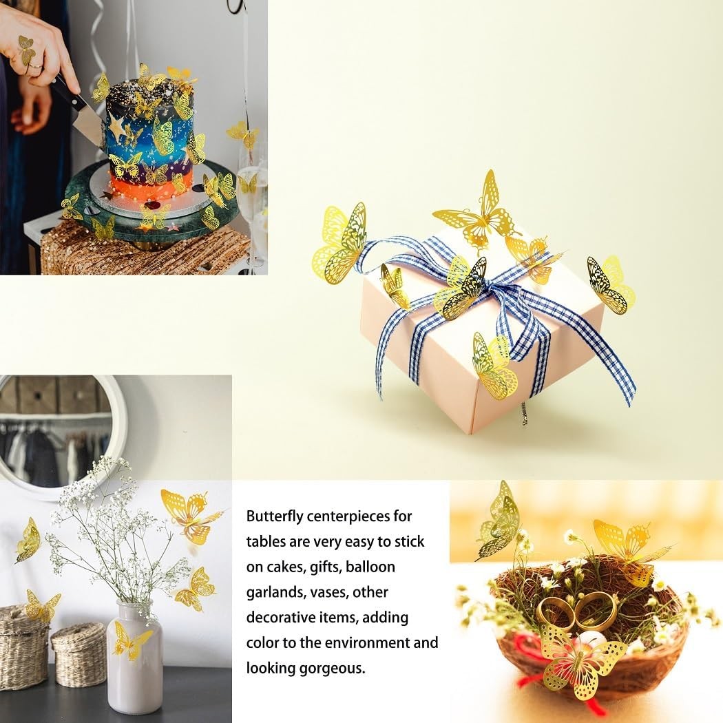 3D Butterfly Wall Decor 48 Pcs 4 Styles 3 Sizes, for Birthday Gold