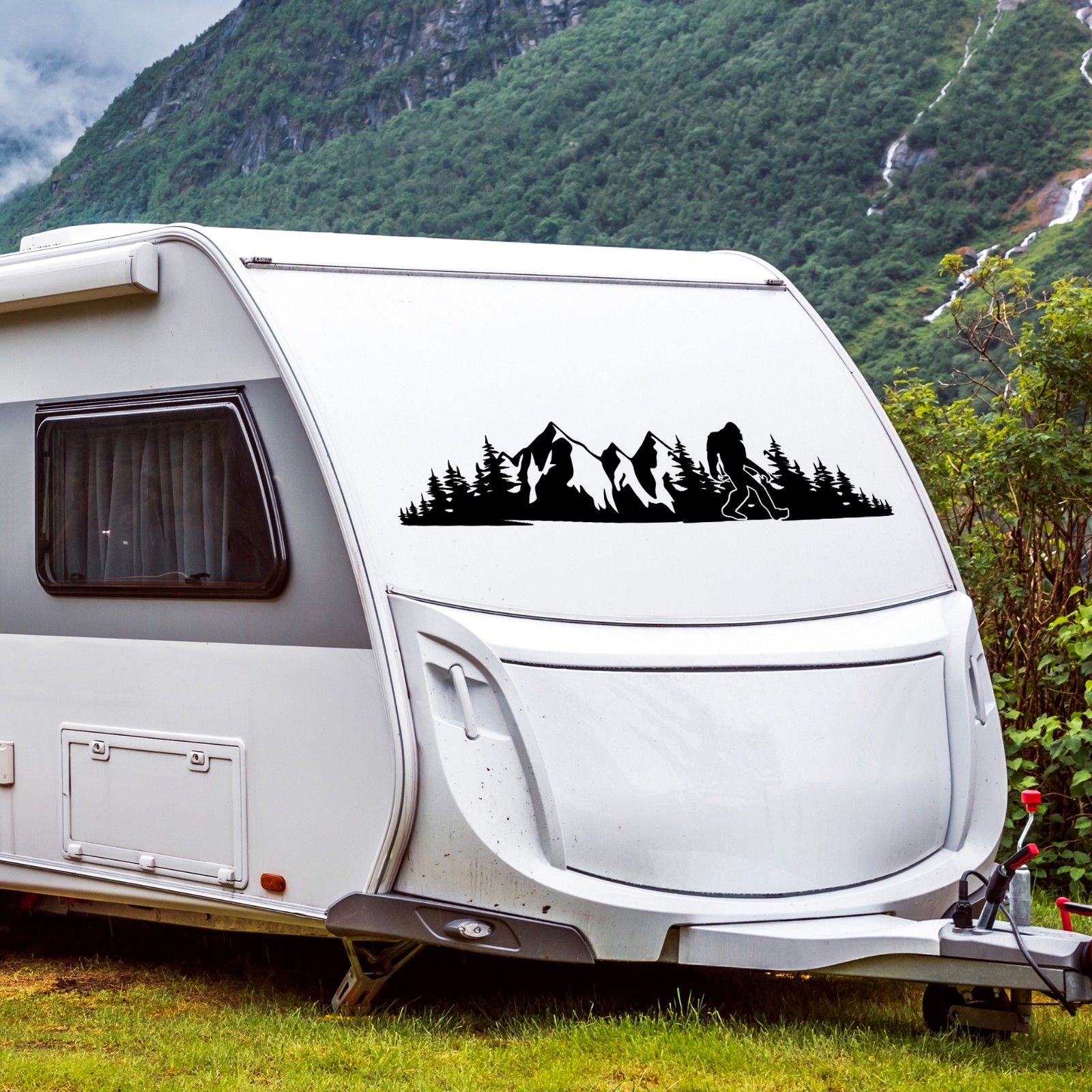 Bigfoot Mountain Scene V17 Vinyl Decal -RV Camper Truck SUV Car Window Sticker