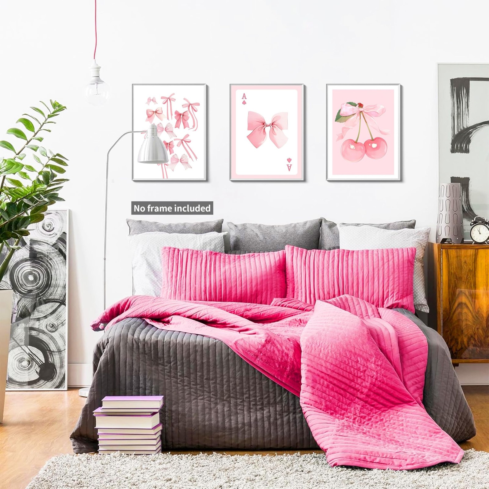 Trendy Pink Bows Posters Wall Art Set of 3, Vintage Preppy Cherry Picture Pri…