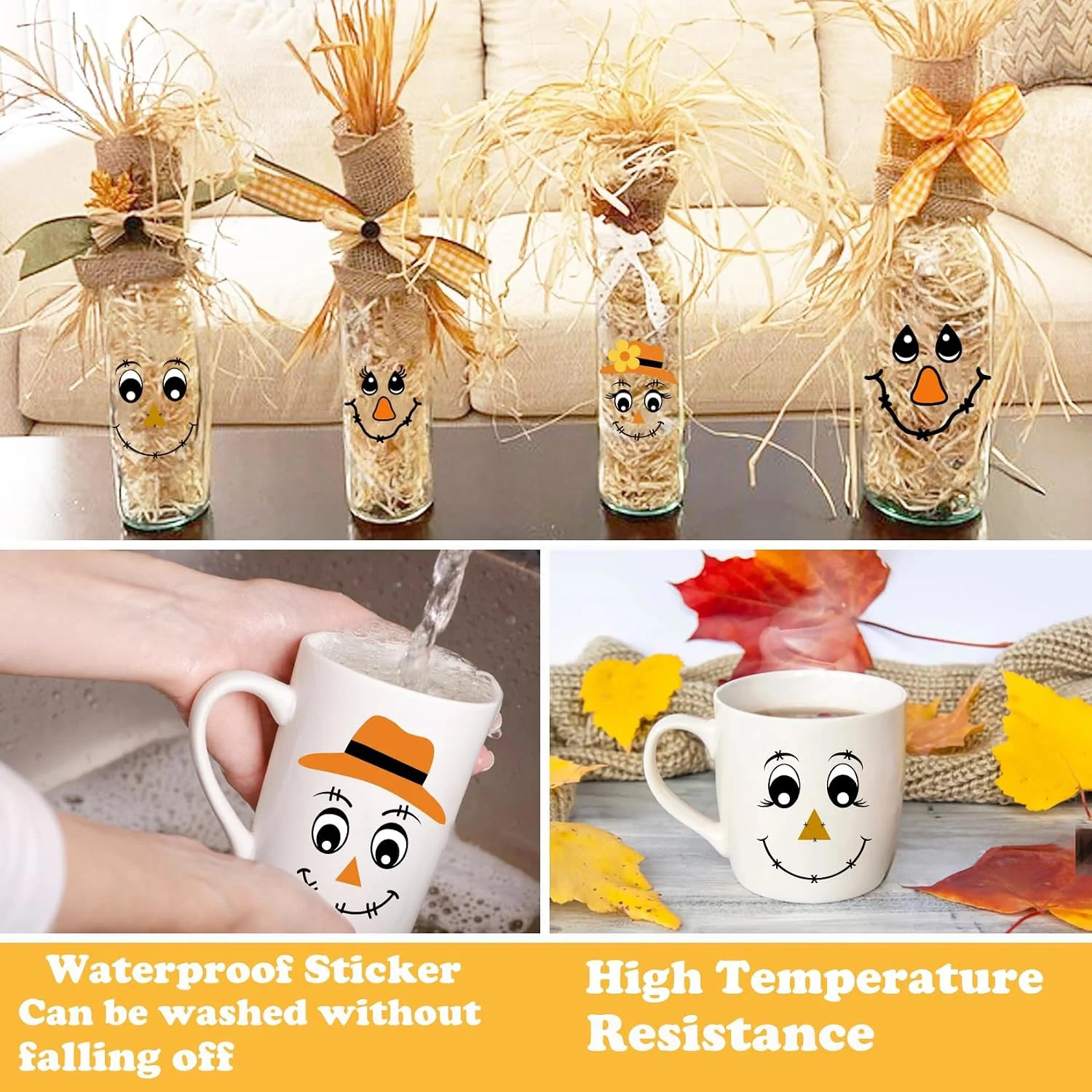 24pcs Fall Scarecrow Face Stickers Vinyl Decals Cute Autumn Scarecrow Face Stick