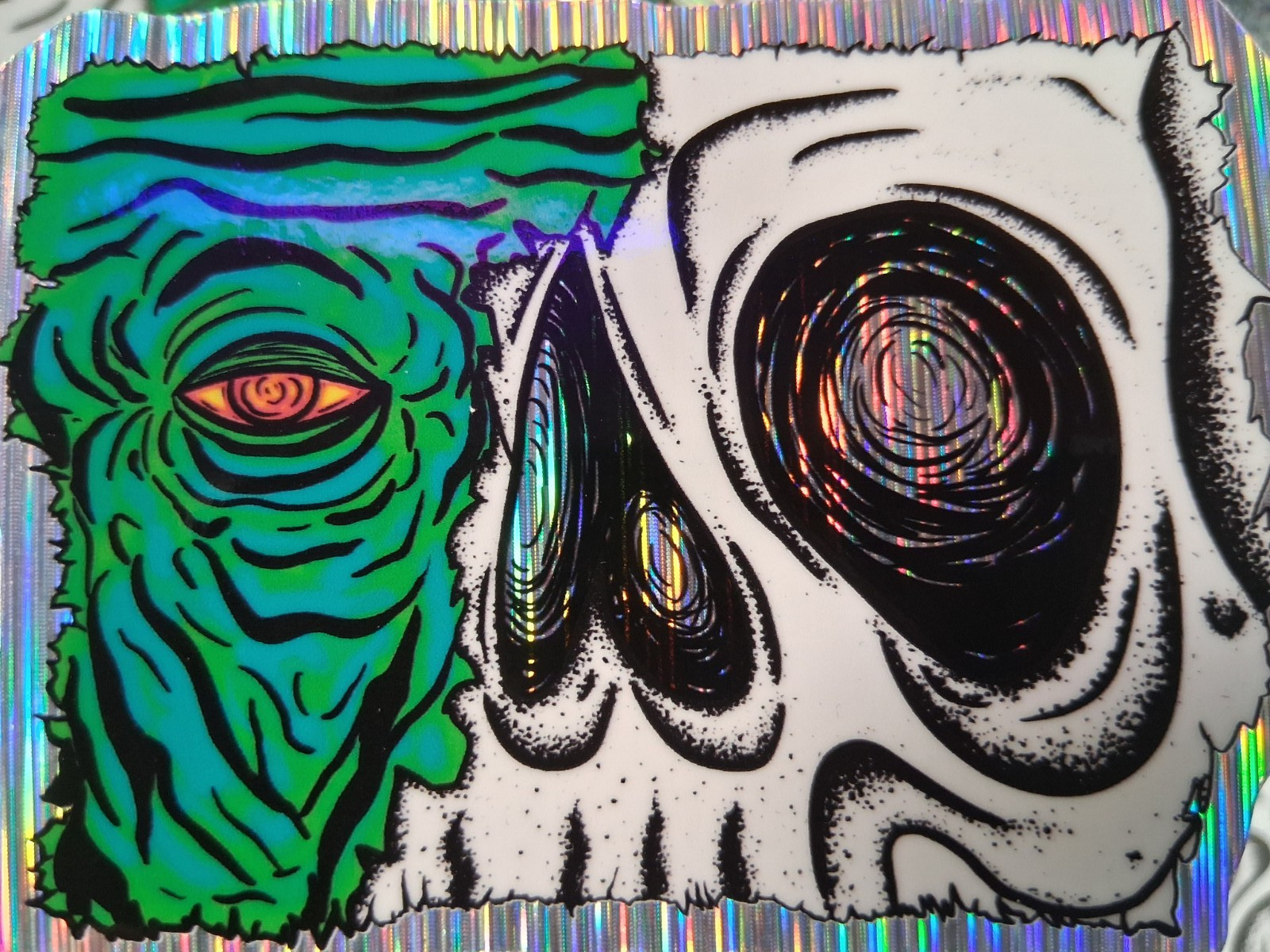 Holographic Whimsical Comic Surreal Creepy Zombie Skull Vinyl Sticker,Trippy Art