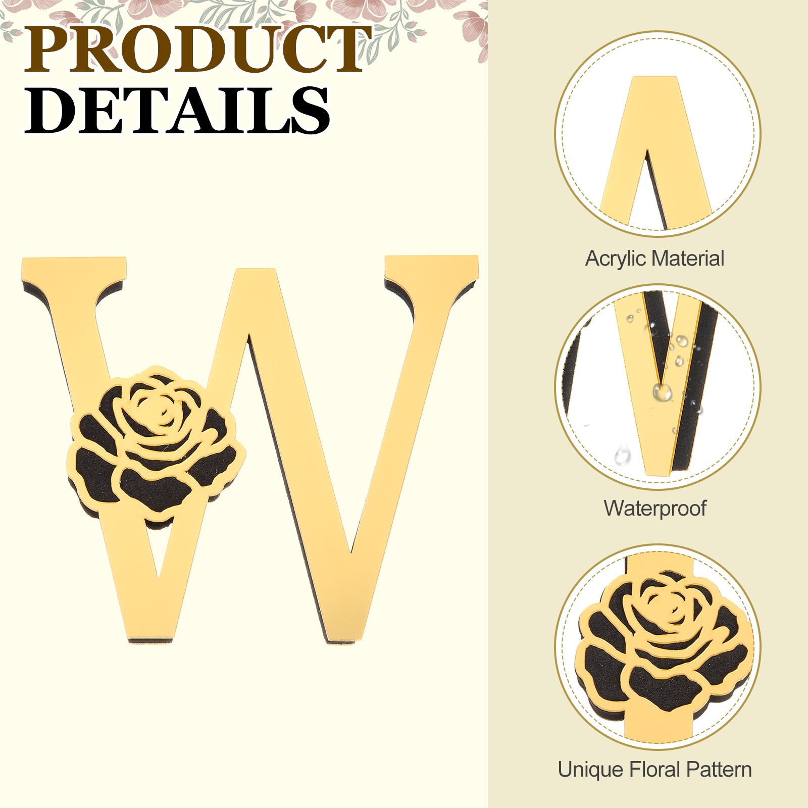 4 Inch 3D Floral Acrylic Alphabet Mirror Wall Stickers Letter W Light Gold