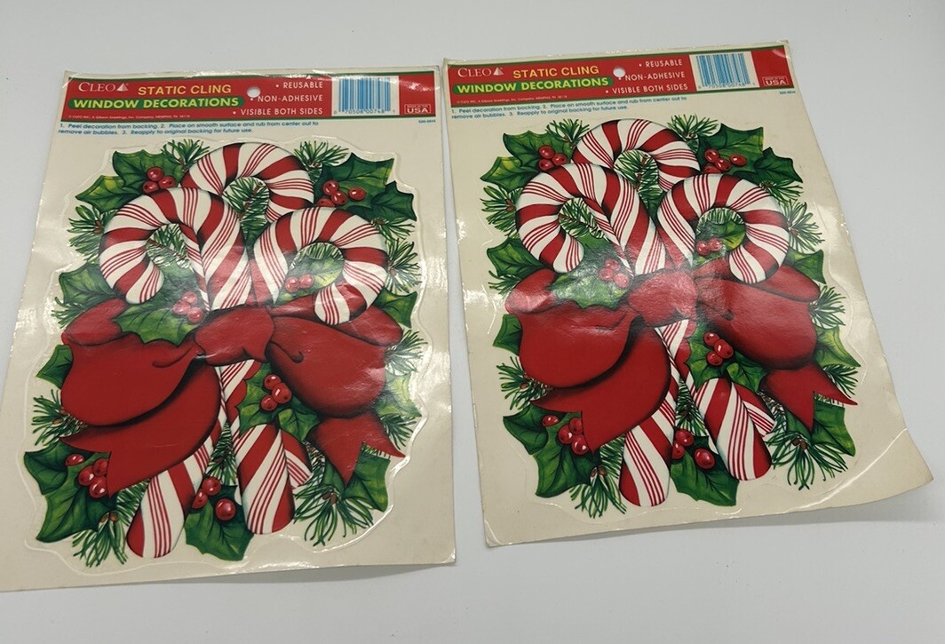 2 Vintage Cleo Christmas Static Window Clings Candy Canes Holly Berries Made USA