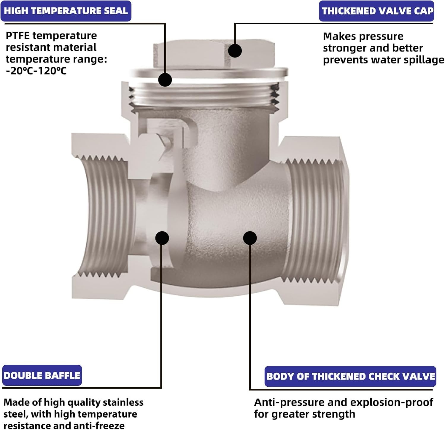 2-1/2" NPT Horizontal Check Valve, Stainless Steel Non Return Swing Check Valve,