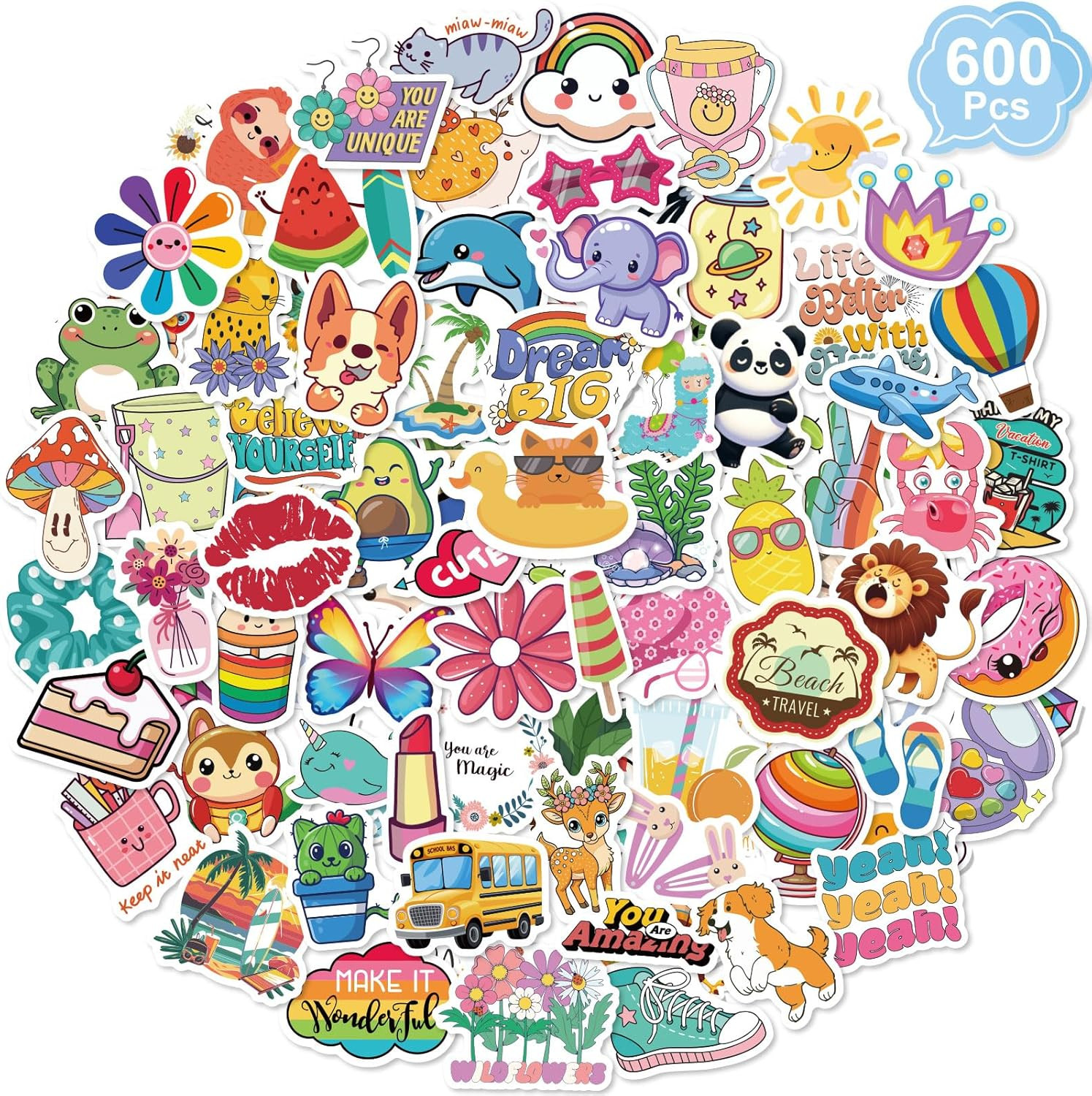 600 PCS Cute Stickers for Kids,Kawaii Water Bottle Sticker Bulk for Teens,Waterp