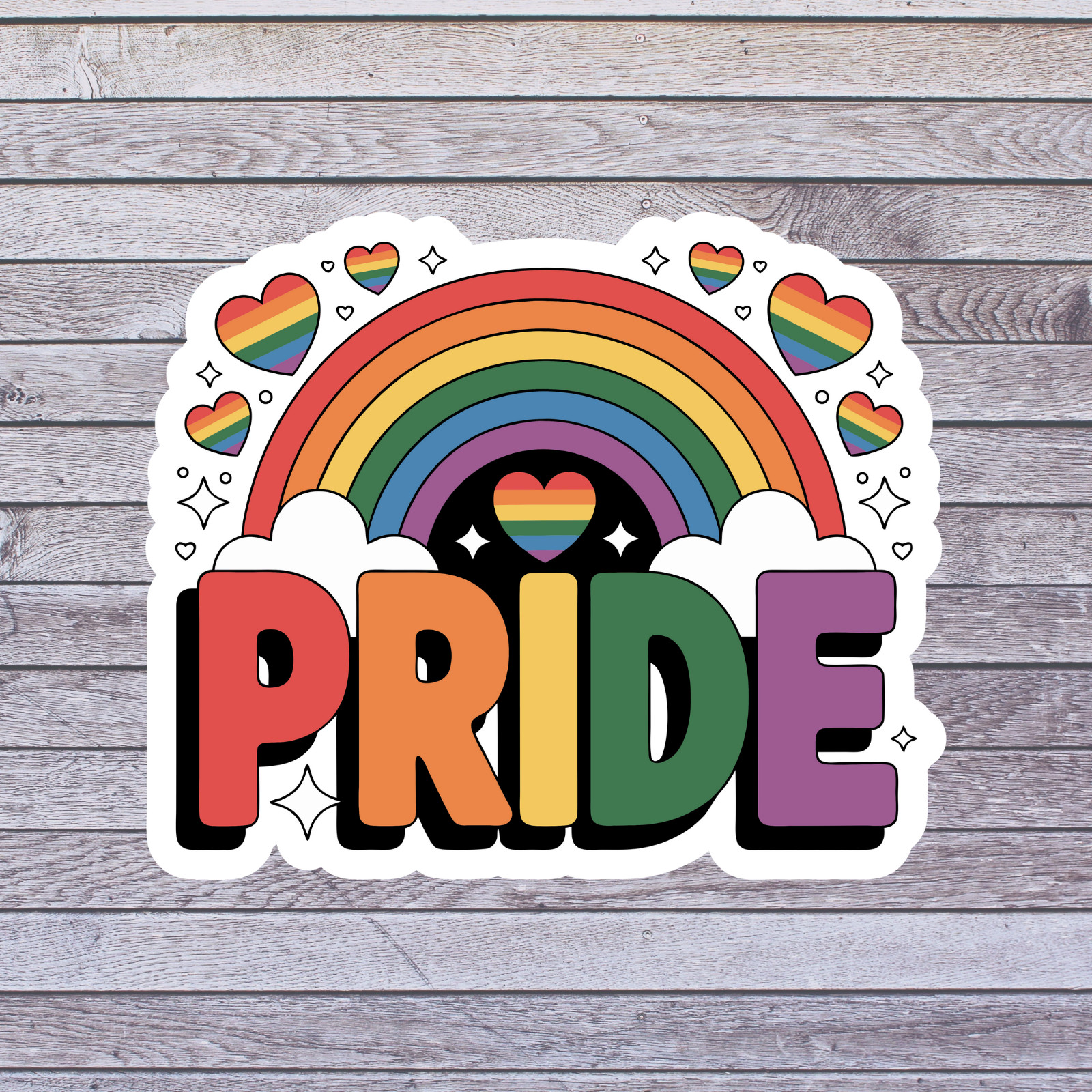 Pride sticker vinyl decal rainbow heart clouds bold pride lettering