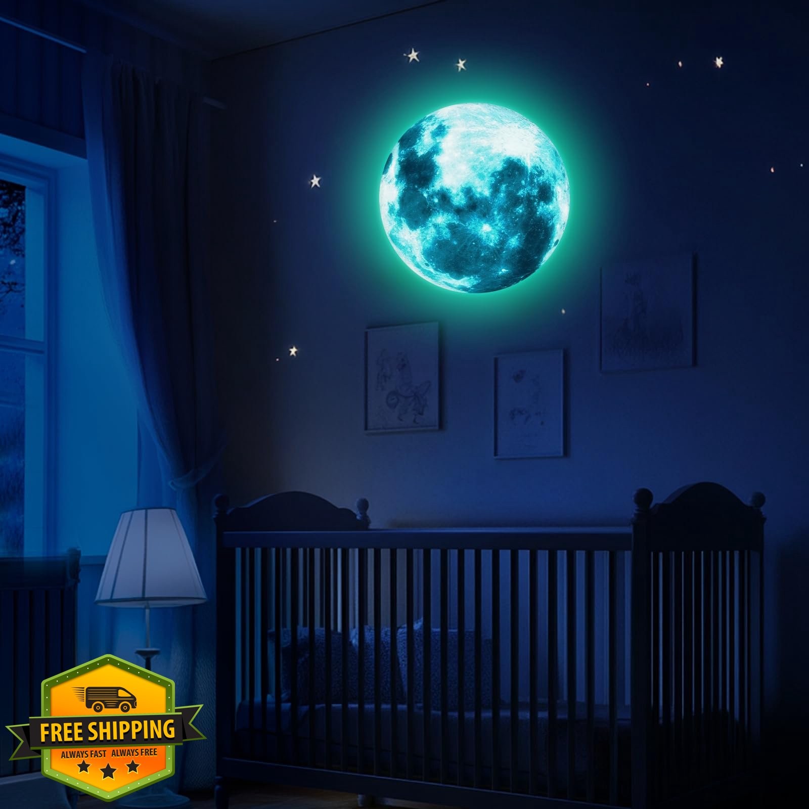 uxcell Glow Green Moon Sticker Ceiling Wall Decor Decal 40cm