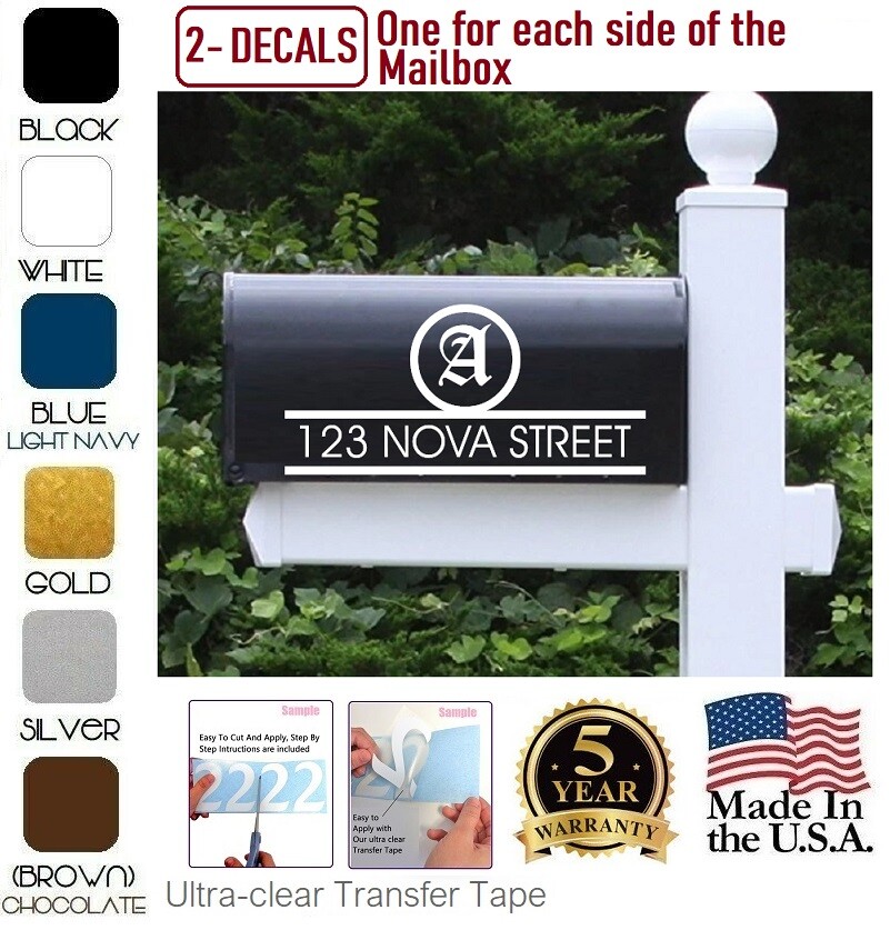 set of 2 CUSTOM MADE PERSONALIZED VINYL MAILBOX NUMBERS INITIAL DECAL, (Model 1)