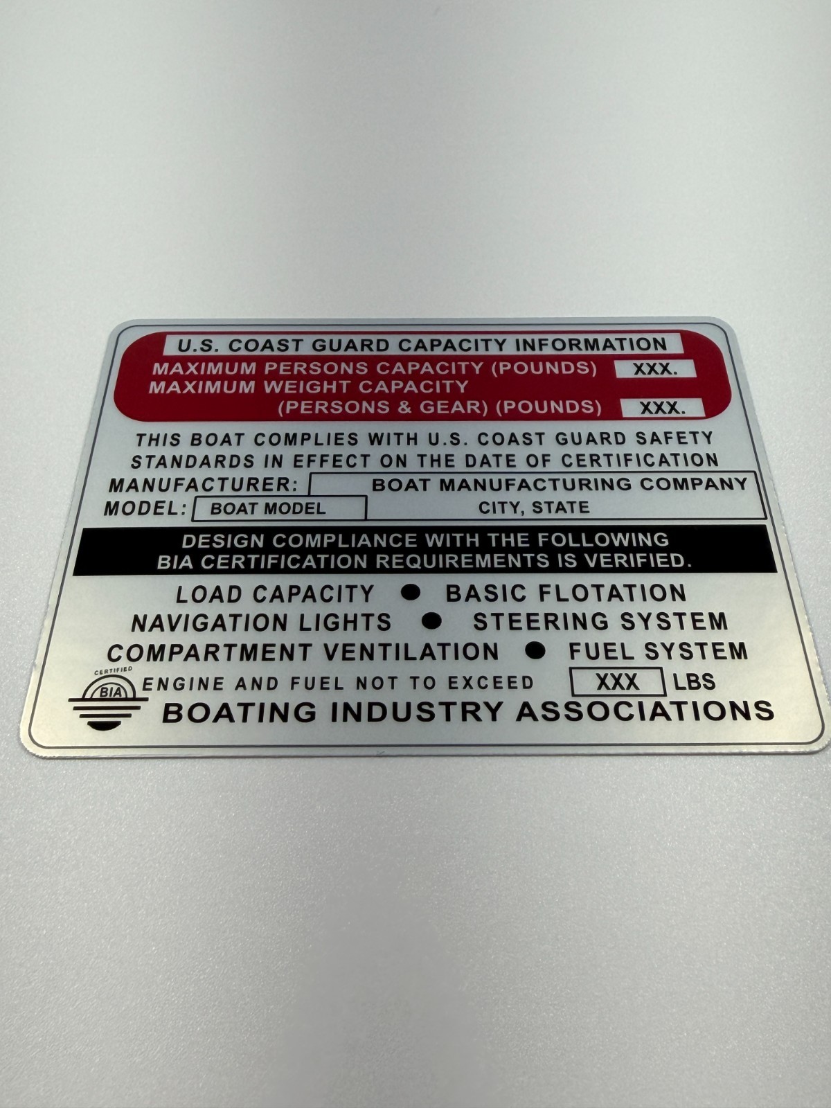 Custom Vintage Boat Capacity Plate Sticker Replacement Decal 4×3 Silver