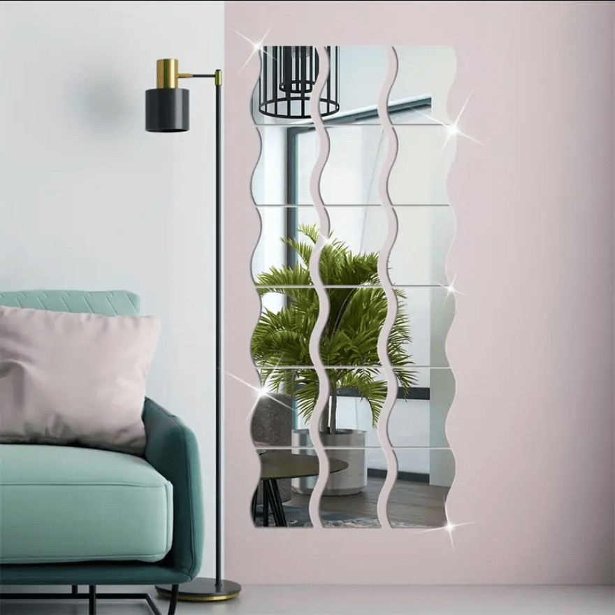 6Pcs/Set Self Adhesive Wavy Mirror Tiles Splicing Full Body Mirror Wall Ornament
