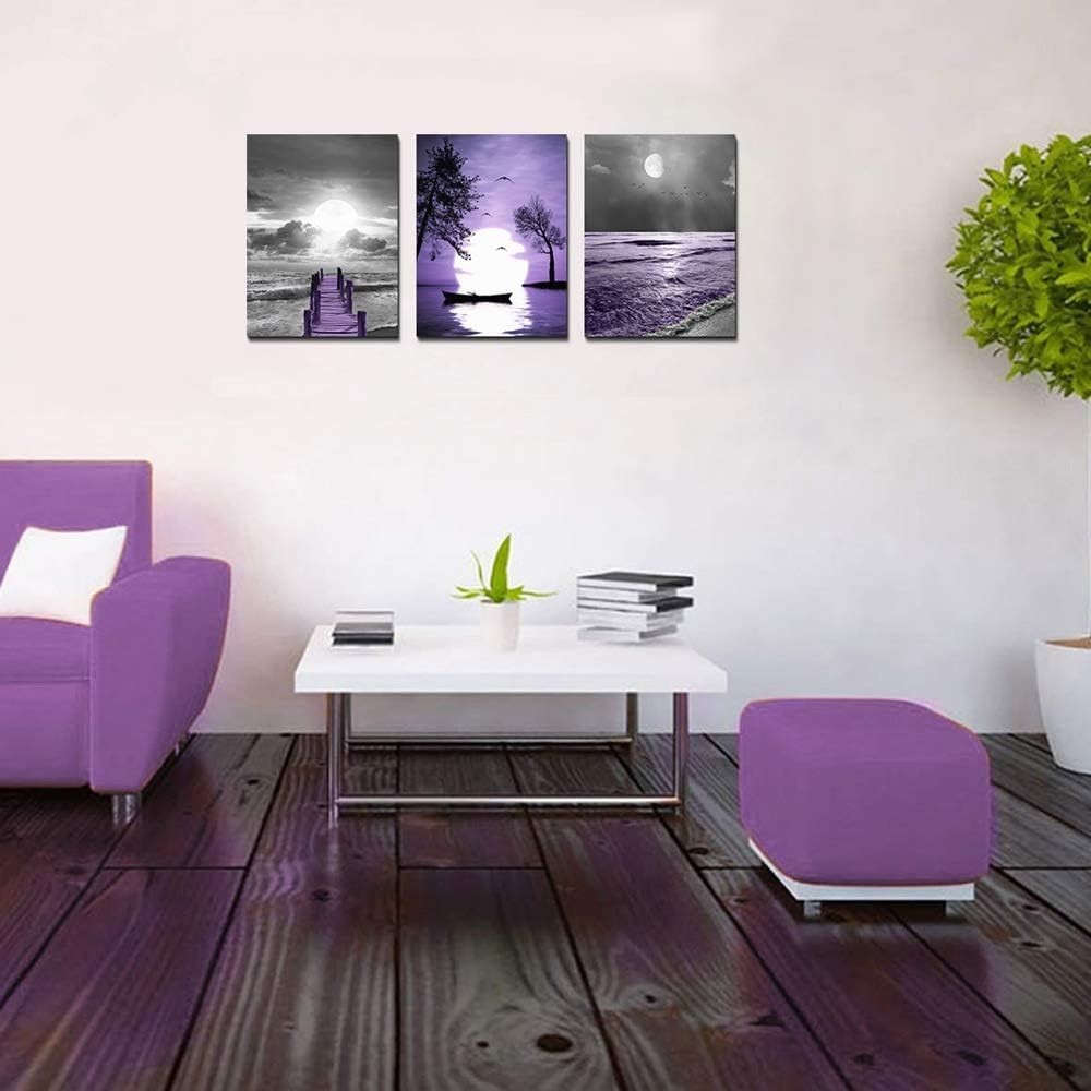 Elegant 3-Piece Framed Canvas Art Set – Modern Landscape in Purple Hues