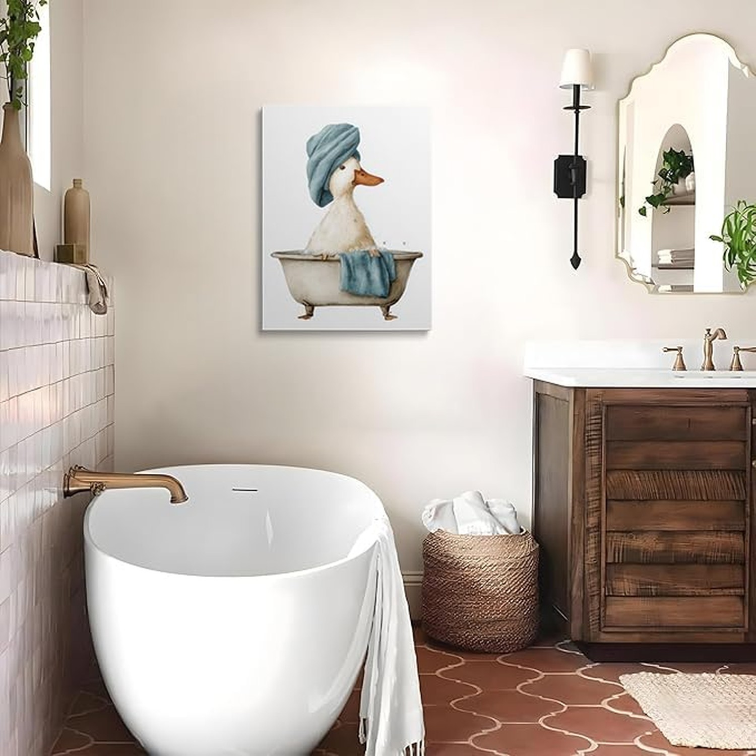 Duck in Bathtub Canvas Wall Art Framed Print Funny Animal Bathroom Wall Decor…