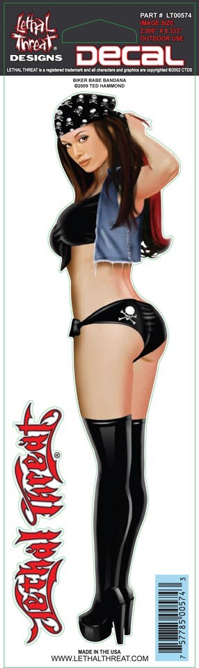 NEW LETHAL THREAT BIKER BANDANA BABE PIN-UP DECAL STICKER 3"x10" LT00574