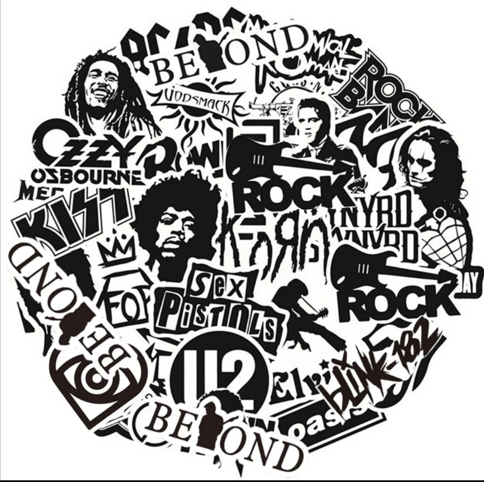 20 PCS Black & White Rock Music Band Logo Stickers BRAND NEW
