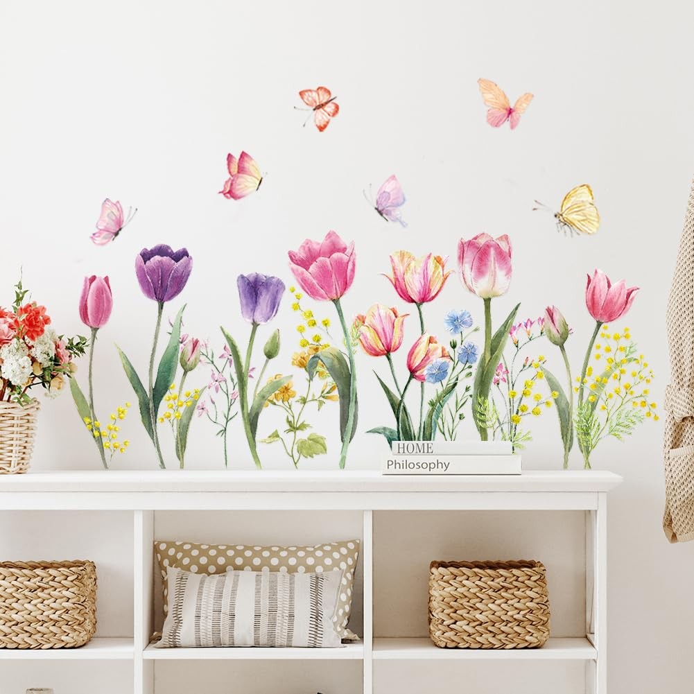 Tulip Flowers Wall Decals Floral Butterfly Wall Stickers Colorful Flowers Wal…