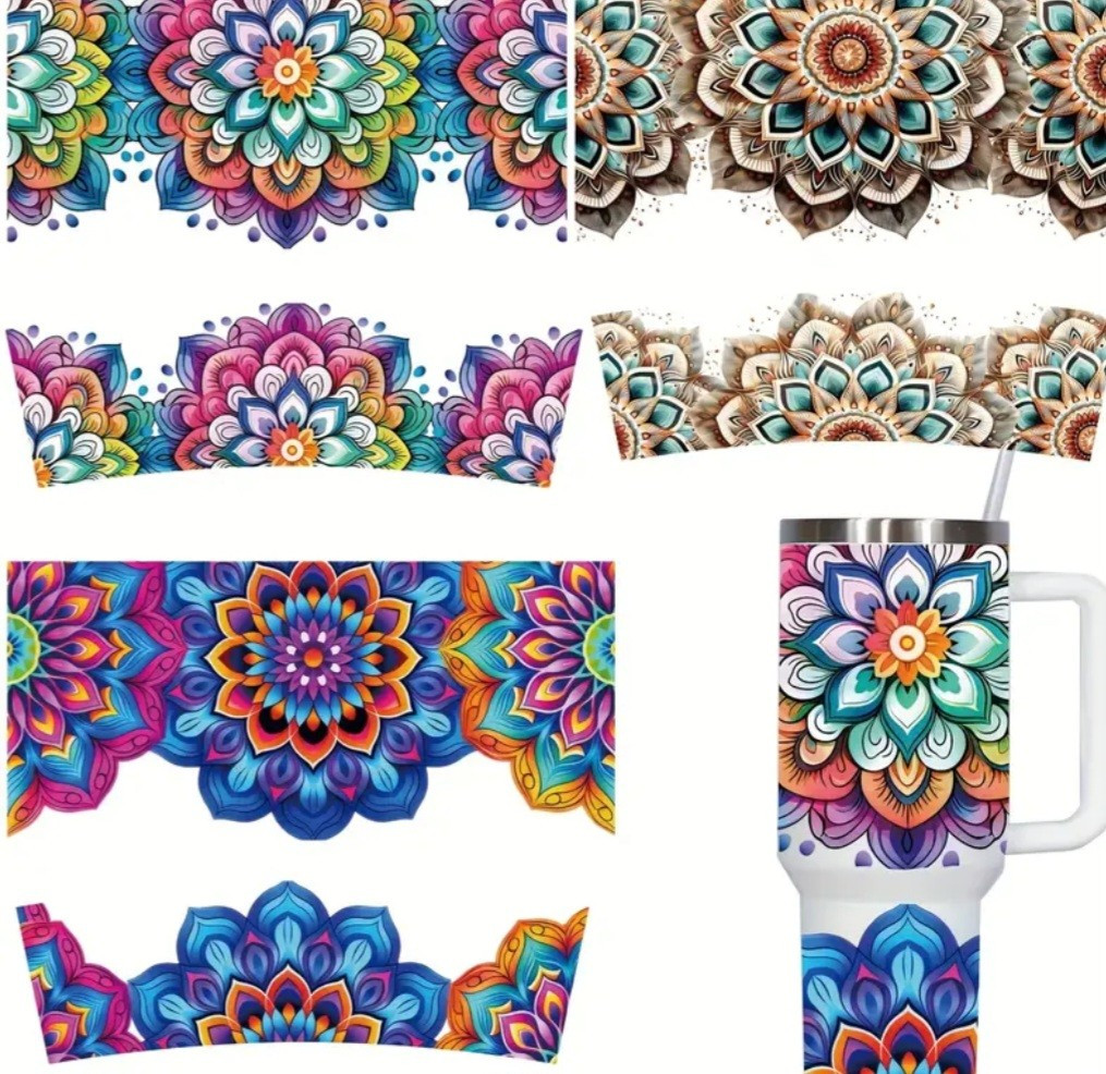 UV DTF Colorful Mandala Handcrafted Decals Stanley Cup 2 piece Sticker Set 3 Ea